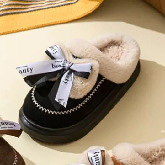 Women's beige suede half slippers with ribbon bow decoration and thick cotton sole