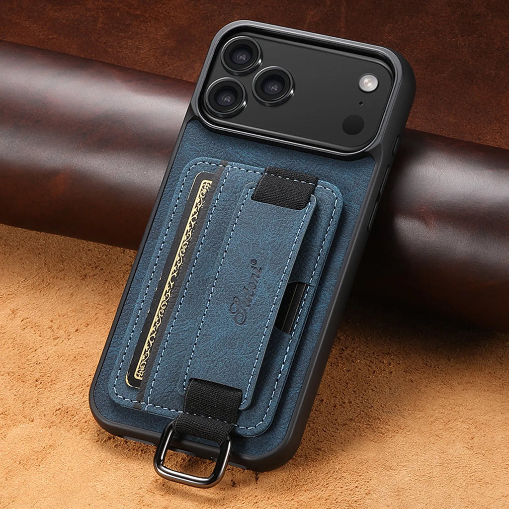 Google Pixel 9 PU leather case with card slot, wrist strap, and kickstand bracket in black