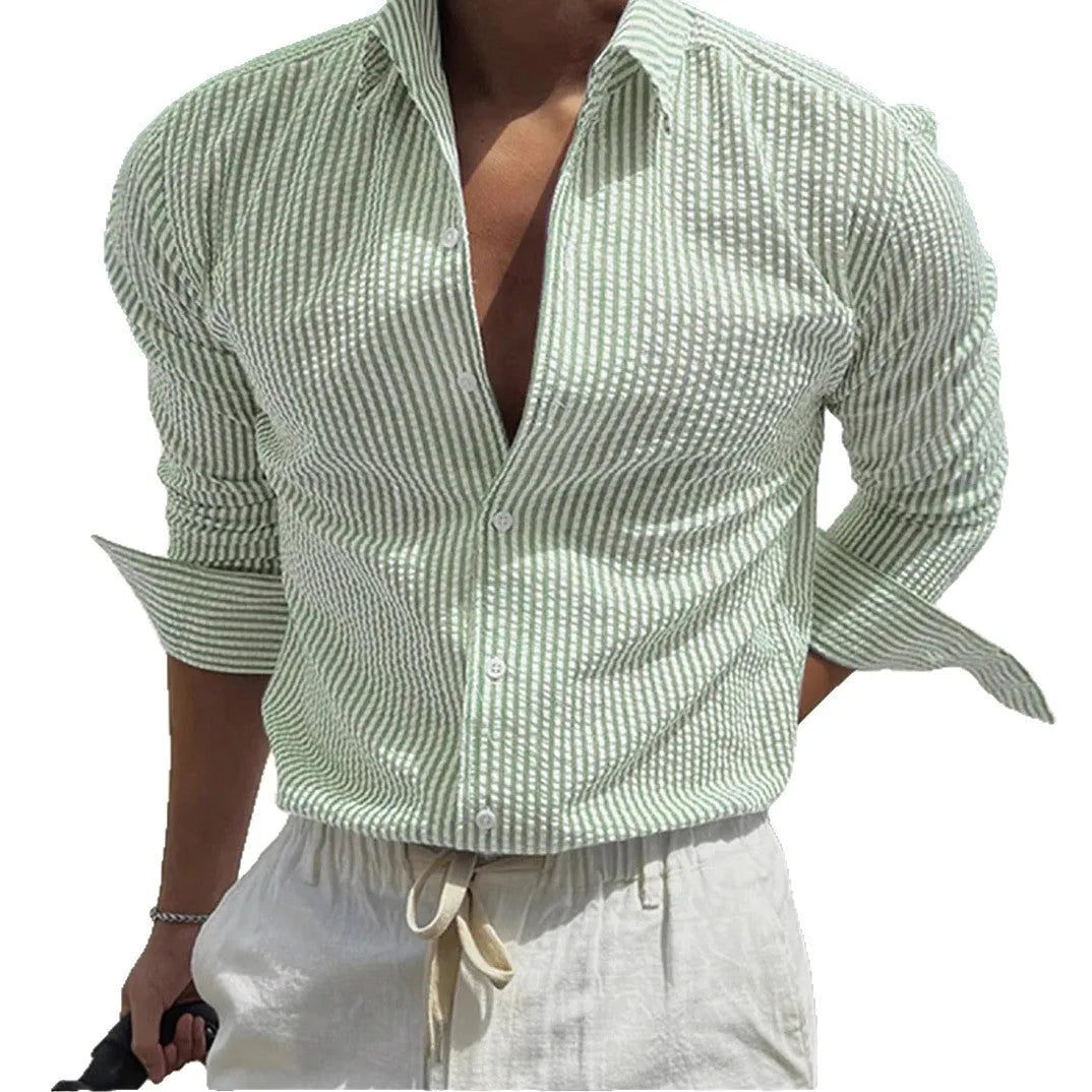 Fashion striped cardigan lapel long sleeve shirt in polyester fabric with lapel collar
