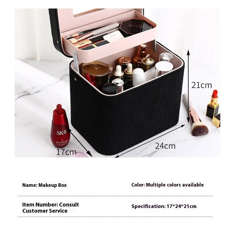 Corduroy fabric cosmetic storage box in solid colour with large capacity for makeup organisation