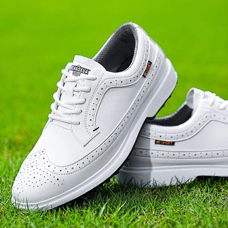 Men's genuine leather golf shoe with rubber sole in lake blue or white.