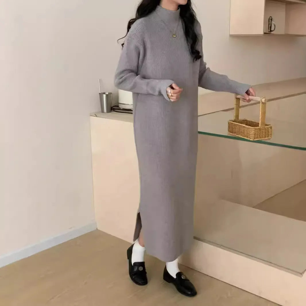 Acrylic half turtleneck knit dress in knee-length design with long sleeves
