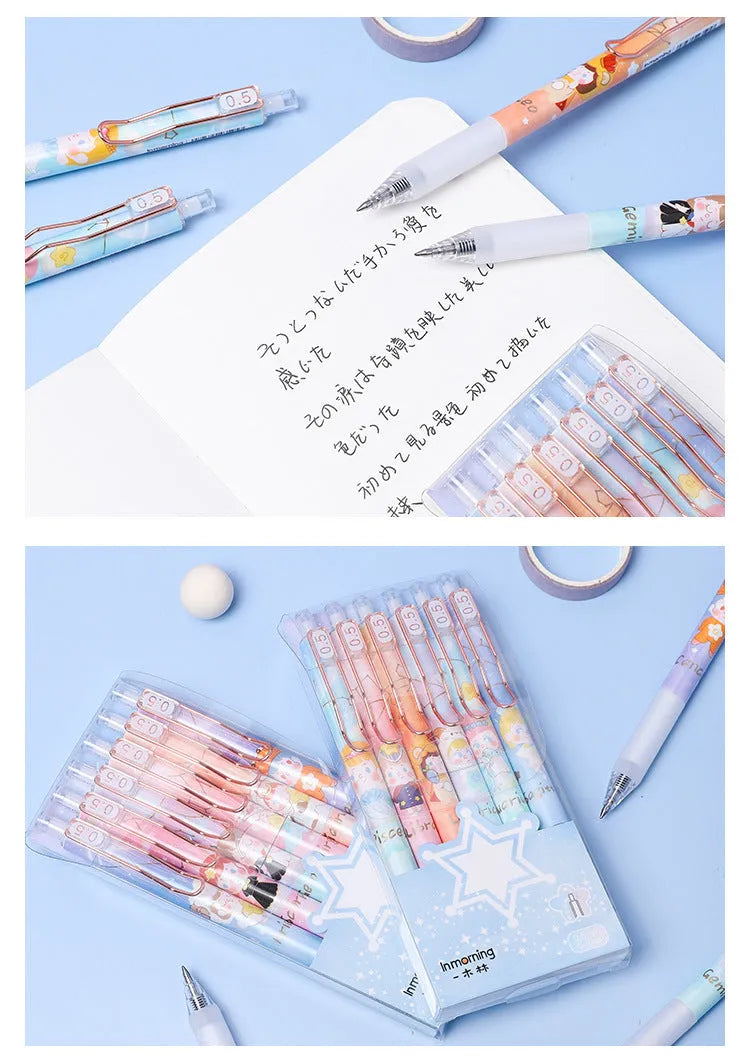 Set of six constellation-themed press gel pens with 0.5mm tips and cartoon zodiac designs.