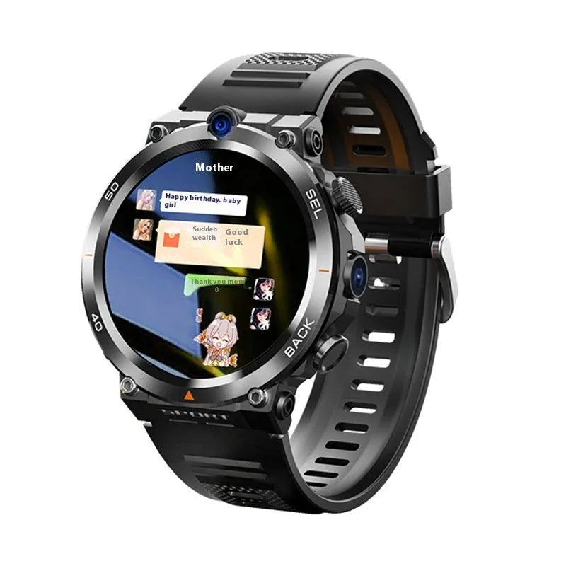 Multi-functional sports smartwatch with dual cameras on the wrist, showing a TFT touch screen display.