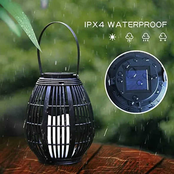 Retro style solar garden light with oval rattan shade in picture colour finish