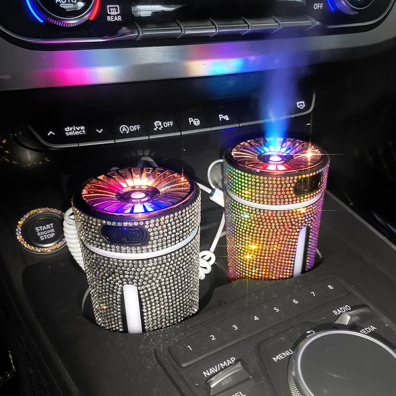 Diamond design car humidifier with LED lights showing colourful mist emission