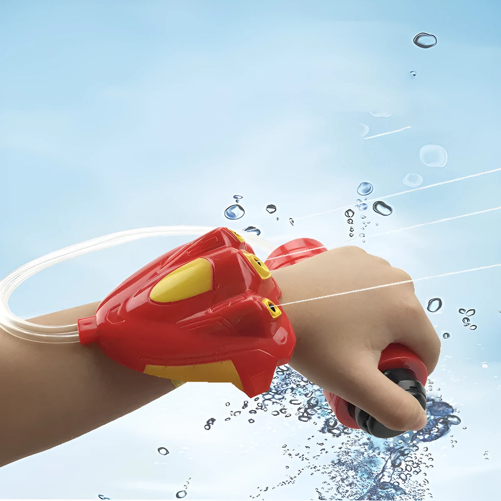 Hand-held plastic water gun in red and blue colours with compact 24x7cm size for outdoor water play