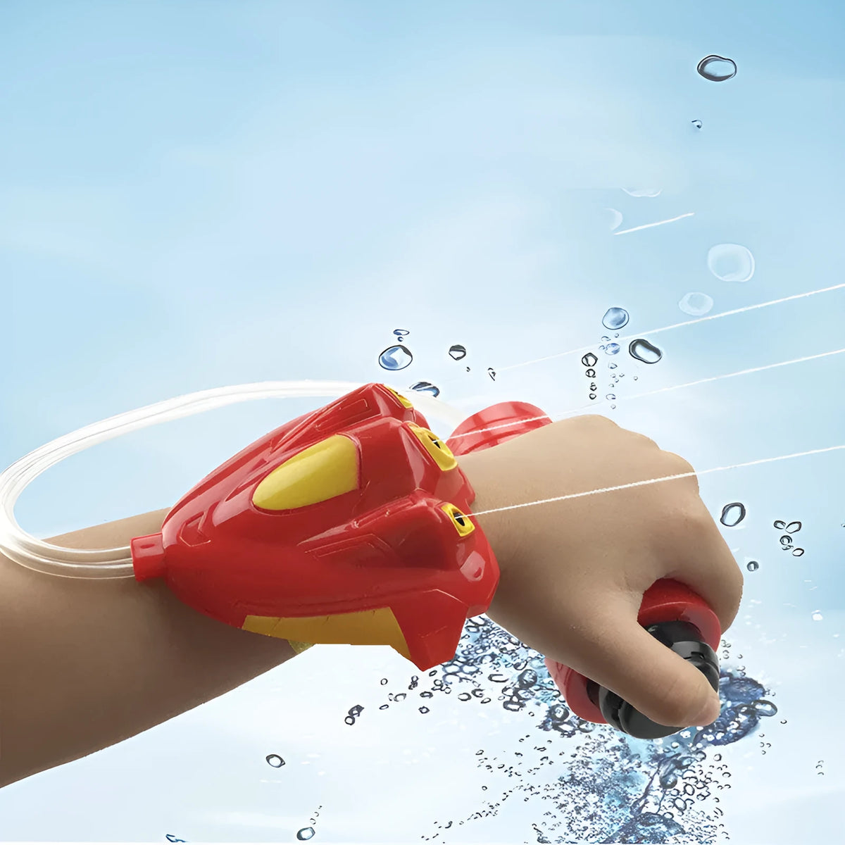 Hand-held plastic water gun in red and blue colours with compact 24x7cm size for outdoor water play