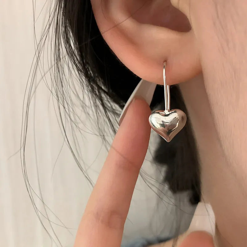Silver Korean style 3D glossy heart earrings with love motif