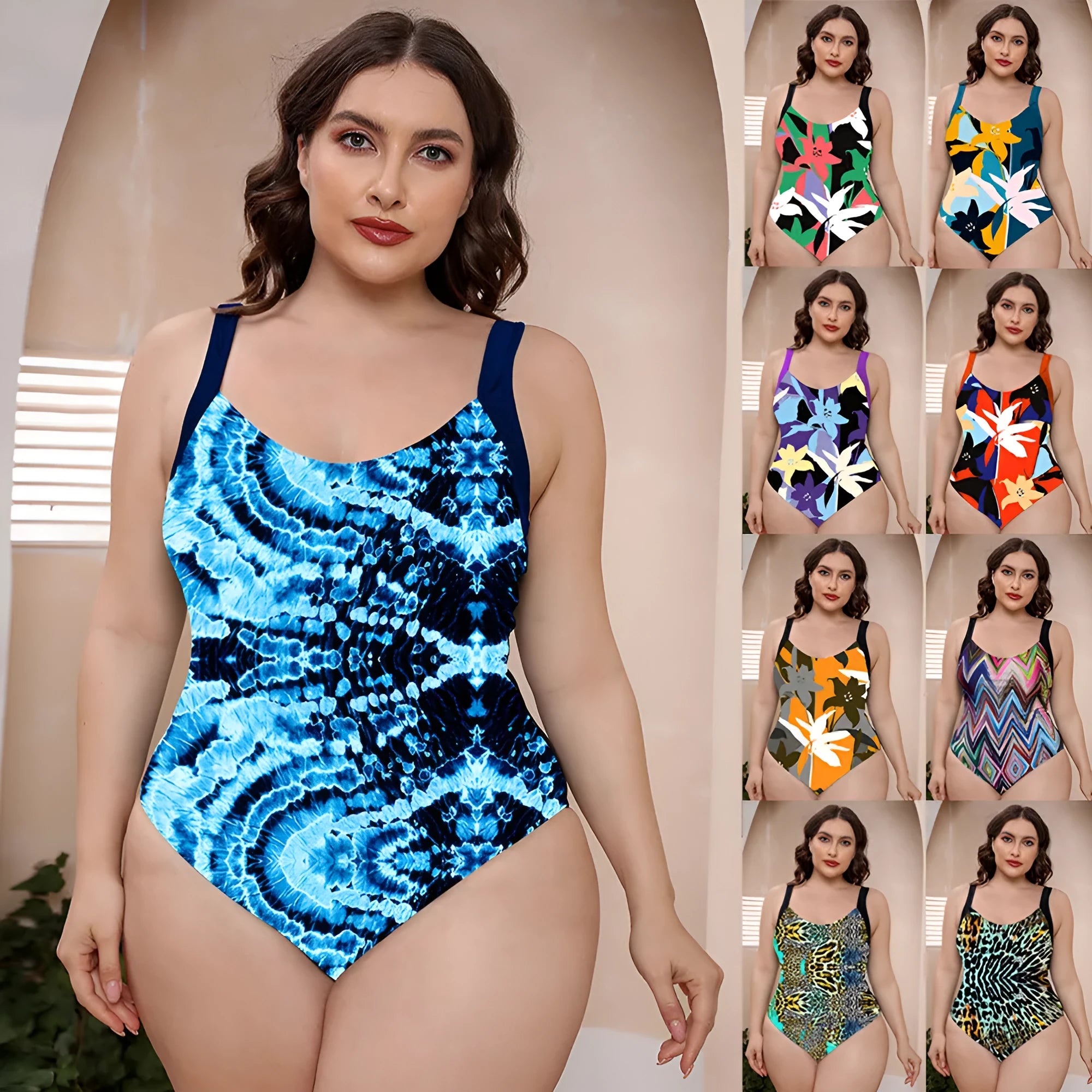 Conservative one-piece vest swimsuit with spaghetti straps and a vibrant floral print.