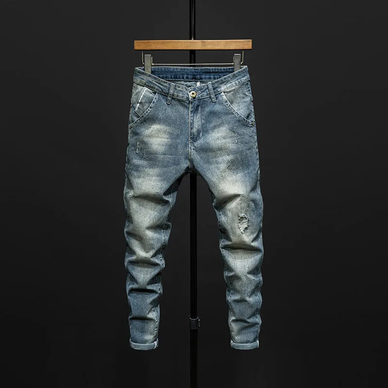 Men's slim-fit skinny jeans in dark blue cotton denim with mid waist design