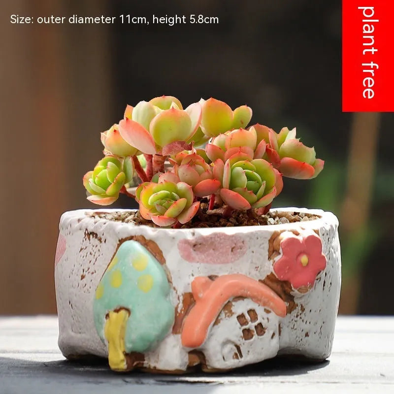 Hand-painted ceramic combination flower pot with 20cm diameter in cute pastoral design