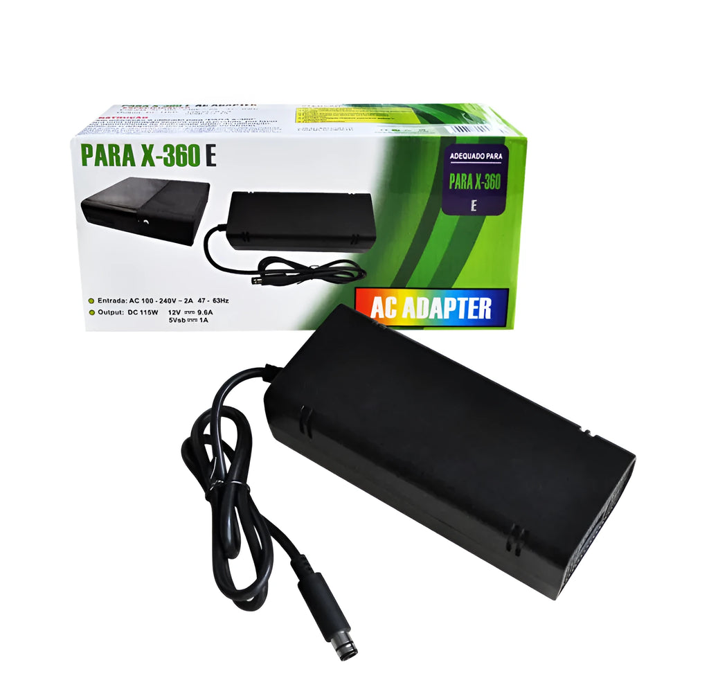 Black XBOX360E AC power adapter with choice of EU, UK, or US plug styles for Microsoft console