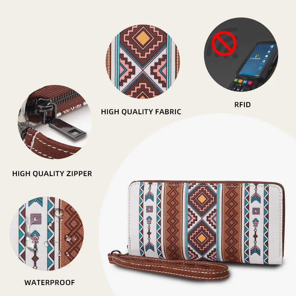 Bohemian striped canvas RFID wallet with wind belt closure in multiple colour options