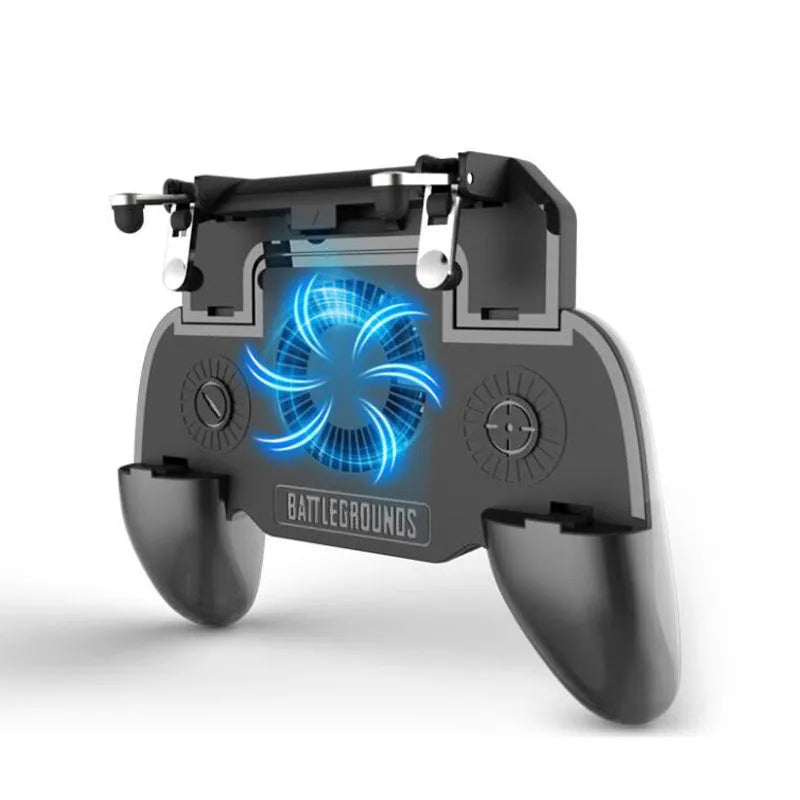 A black mobile game controller with USB cable, shot trigger, and grip buttons for smartphones.