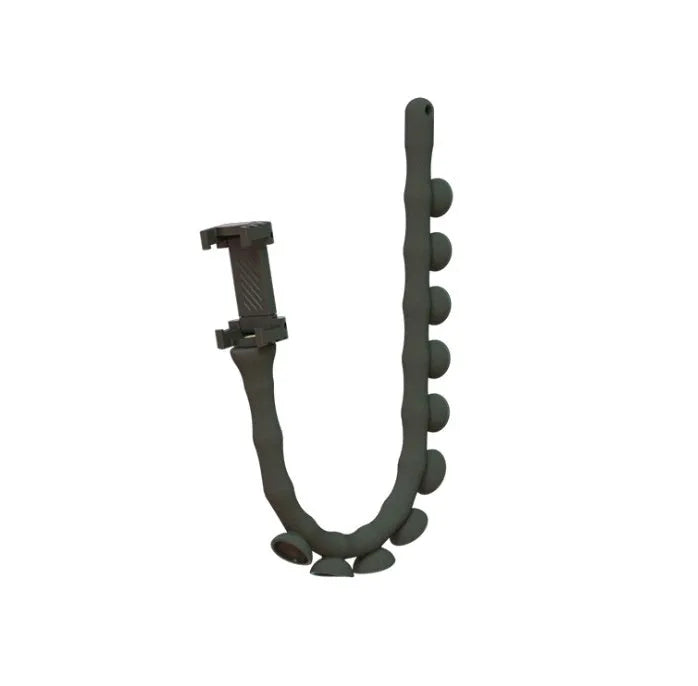 Black flexible lazy bracket mobile phone holder with long arm and suction cup base on a desktop