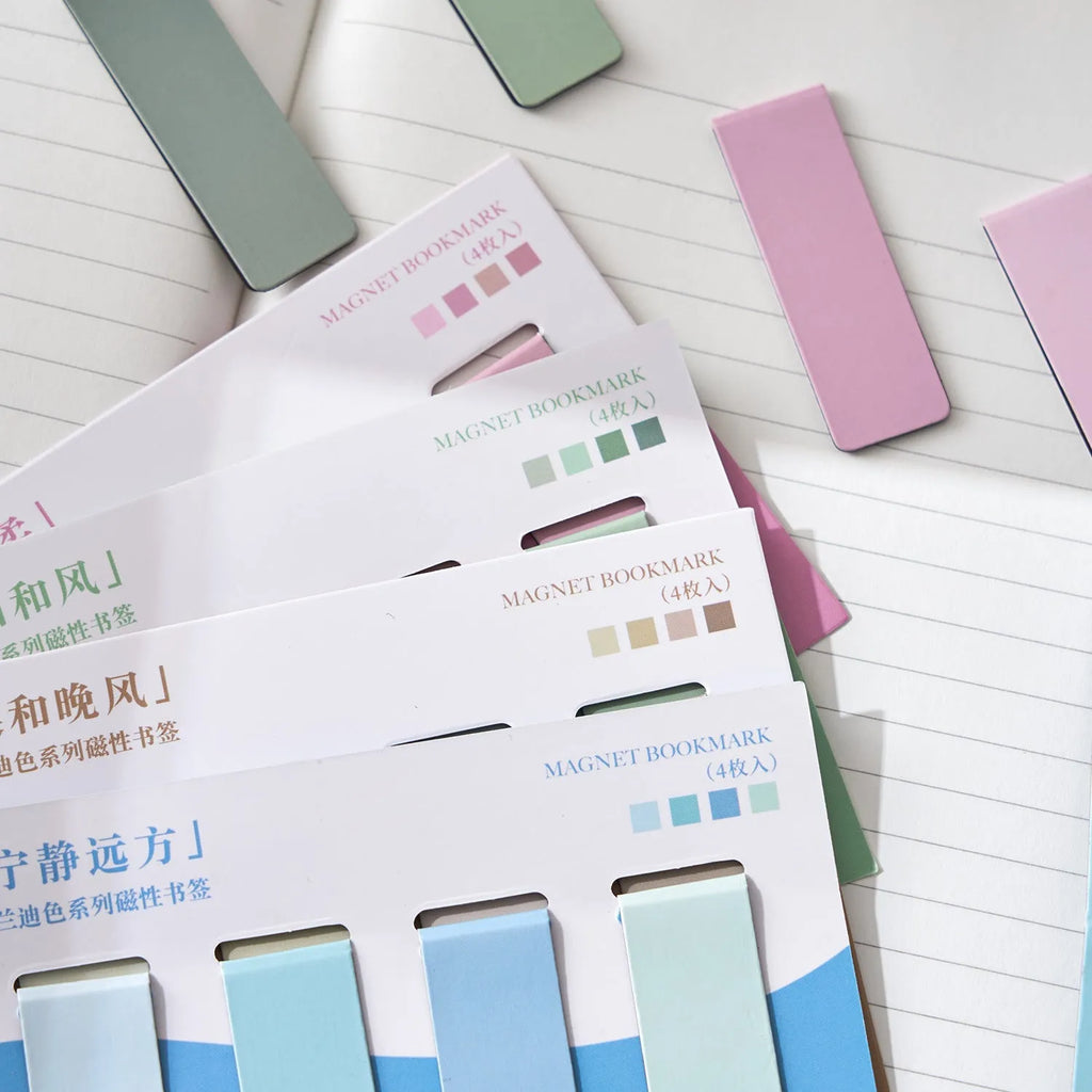 Set of four magnetic colour block bookmarks in muted Morandi pastel tones