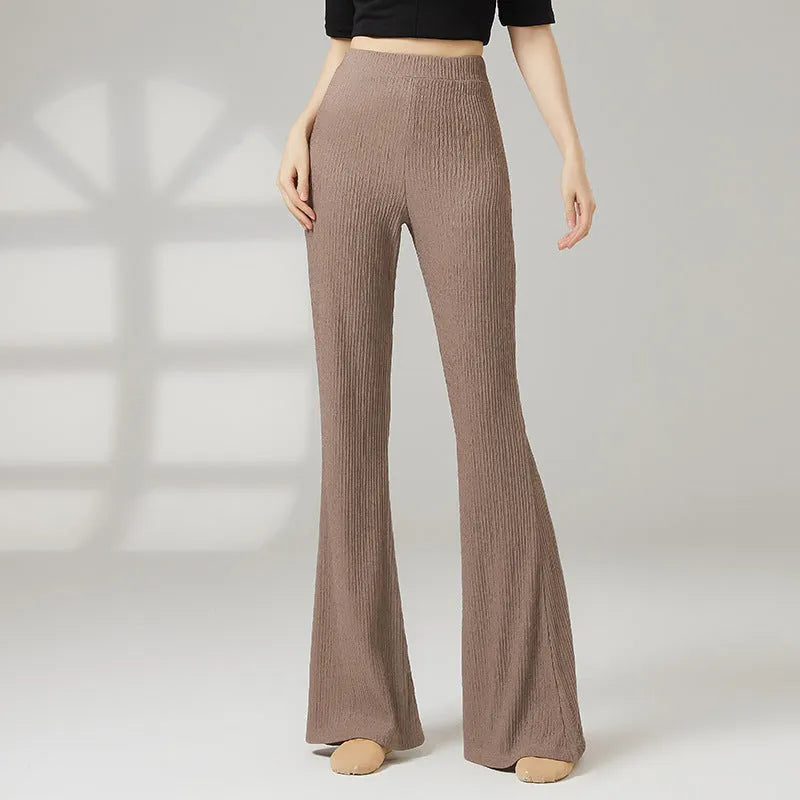 Female classical dance practice pants in polyester fabric showing five colour options including beige apricot and taro purple