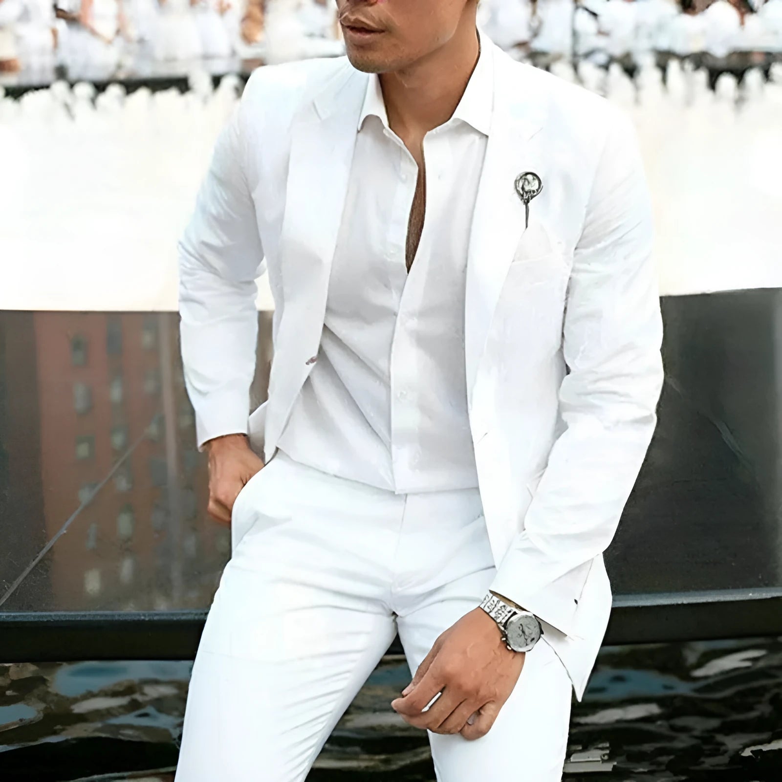 Men's white slim fit two-piece suit for weddings, showing jacket and trousers
