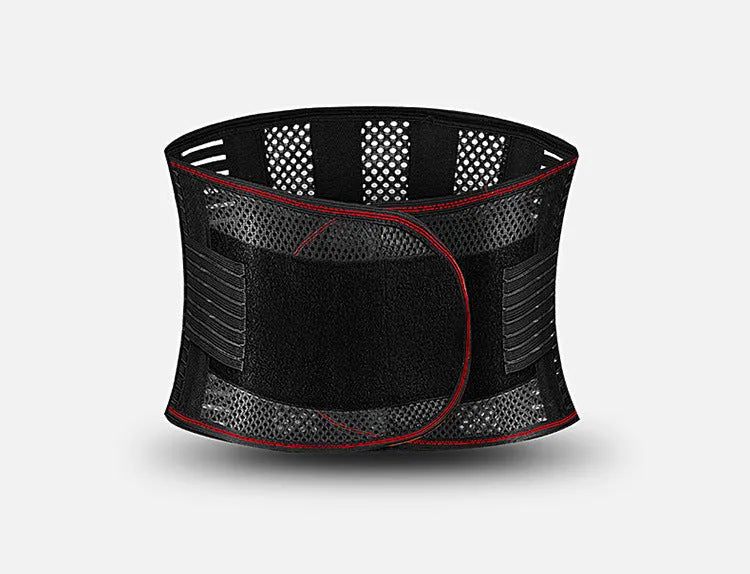 Black breathable sports waist support belt with internal steel plate for lumbar protection during fitness.
