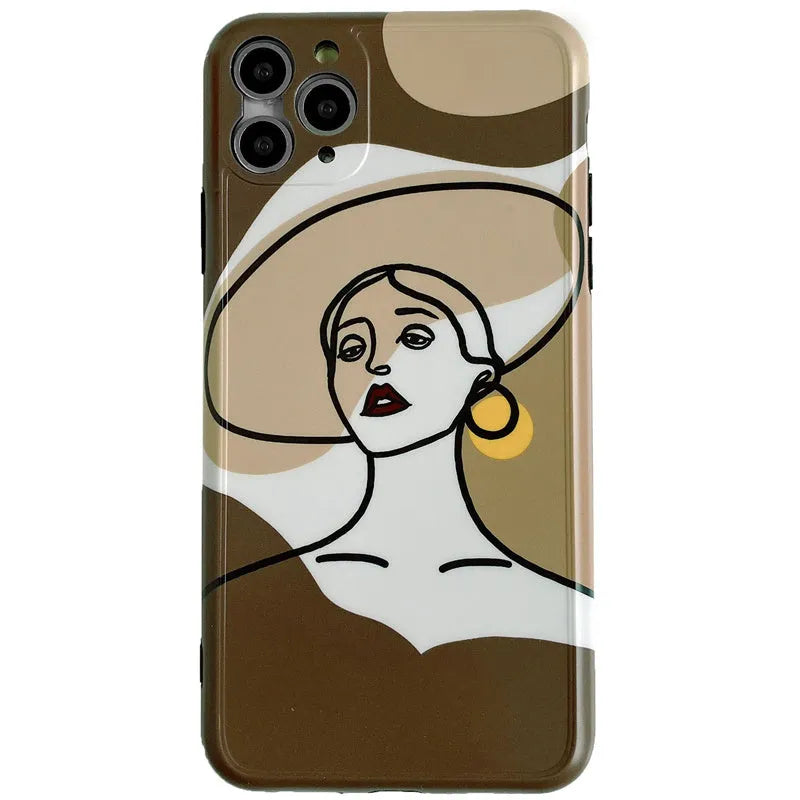 Orange yellow iPhone case with a colourful line painting cartoon design on a soft, textured surface.