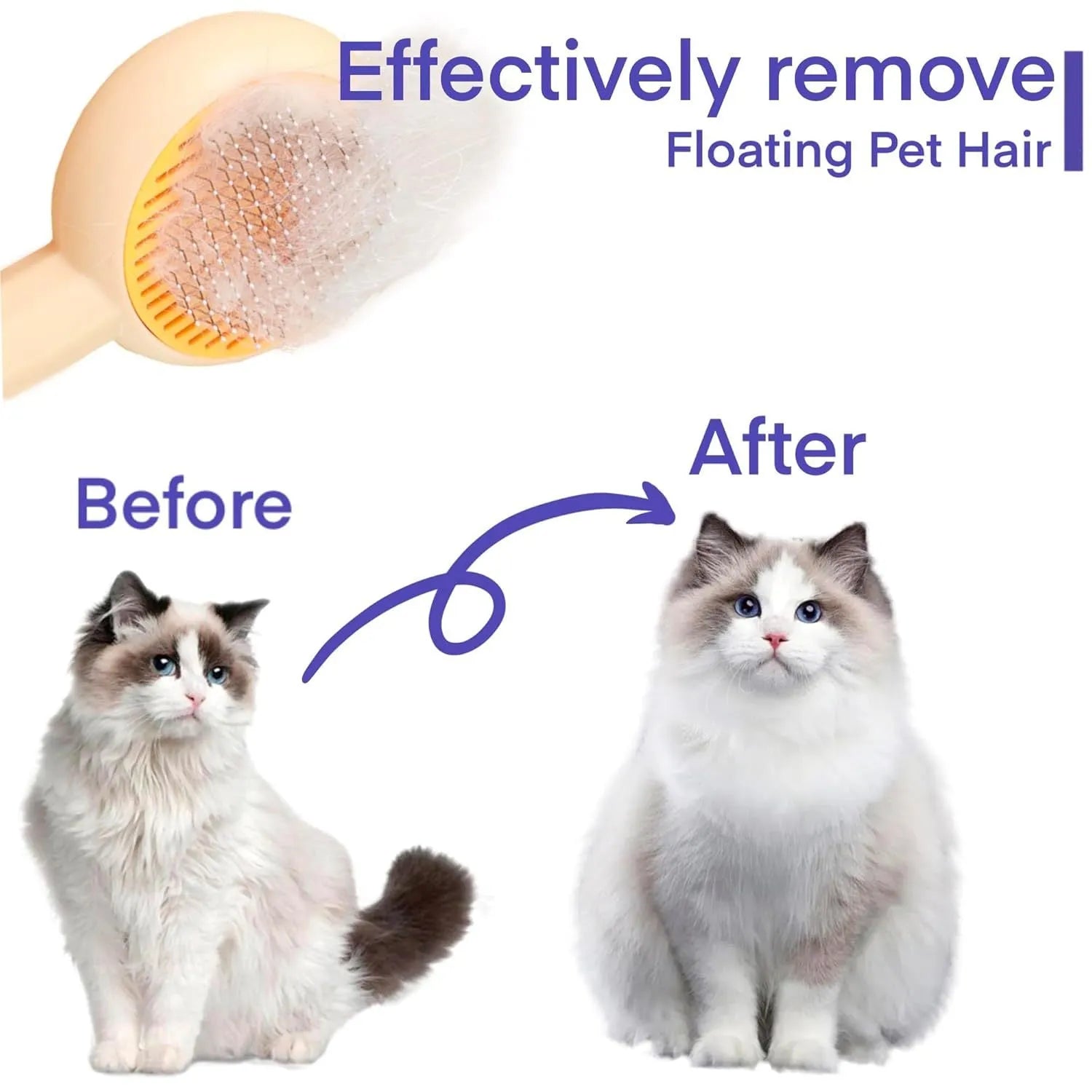 Blue pet grooming brush with angled metal needles and self-cleaning button