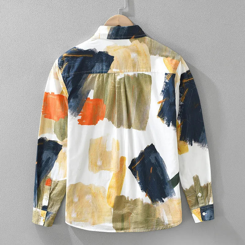 Casual loose top in artistic printed colour, cardigan style with long sleeves, cotton fabric.