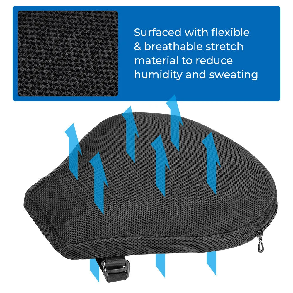 Black motorcycle seat cushion with airbag and 3D mesh cloth cover in L and XL sizes