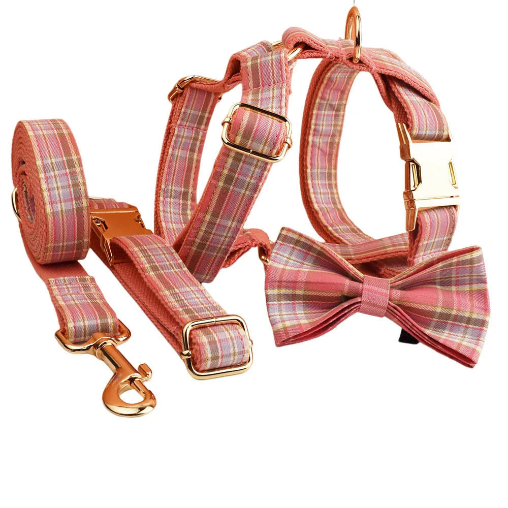 Plaid pattern cloth dog collar and lead set with matching bow and vest for special occasions