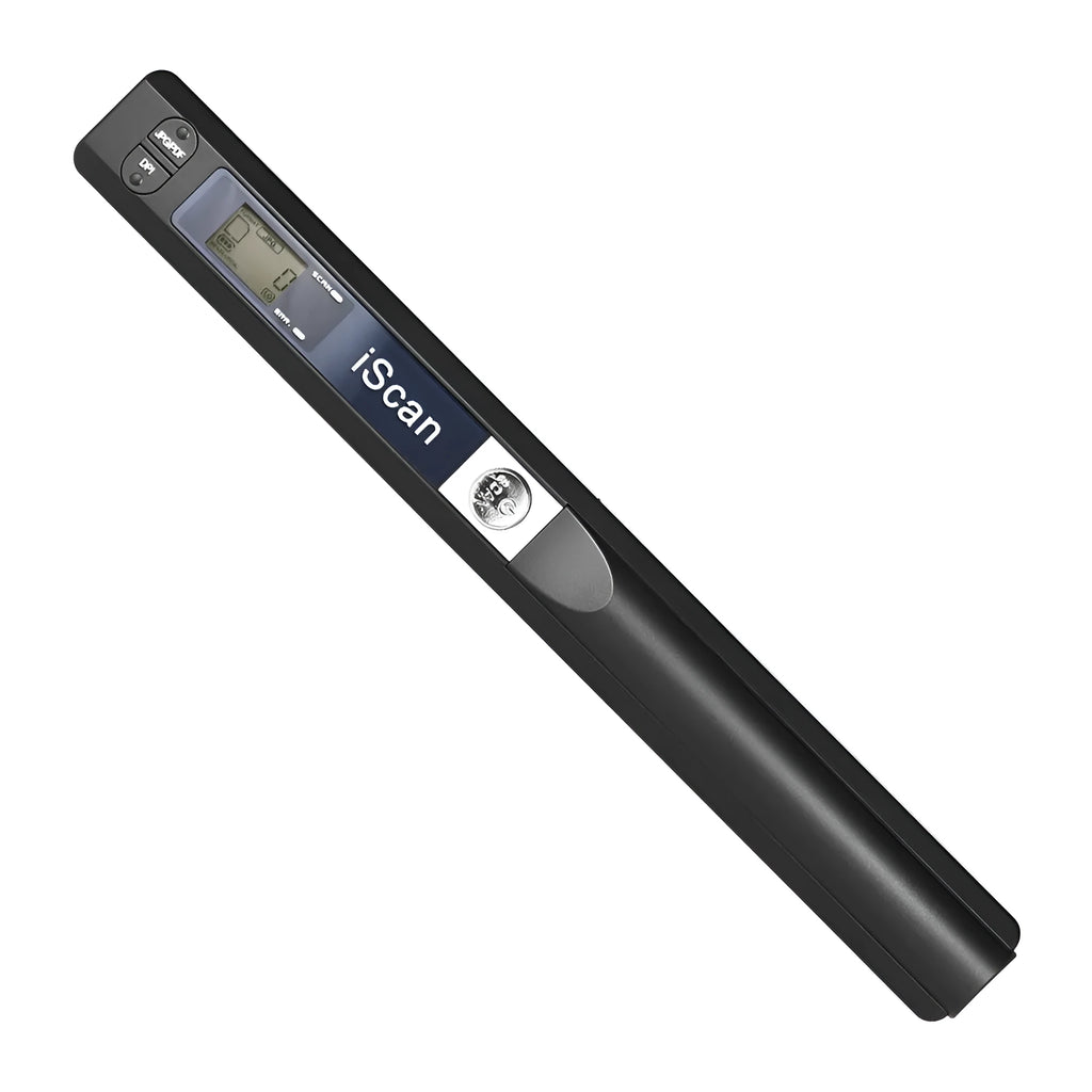 Handheld plastic scanner showing five colour options: black, blue, green, red, and silver