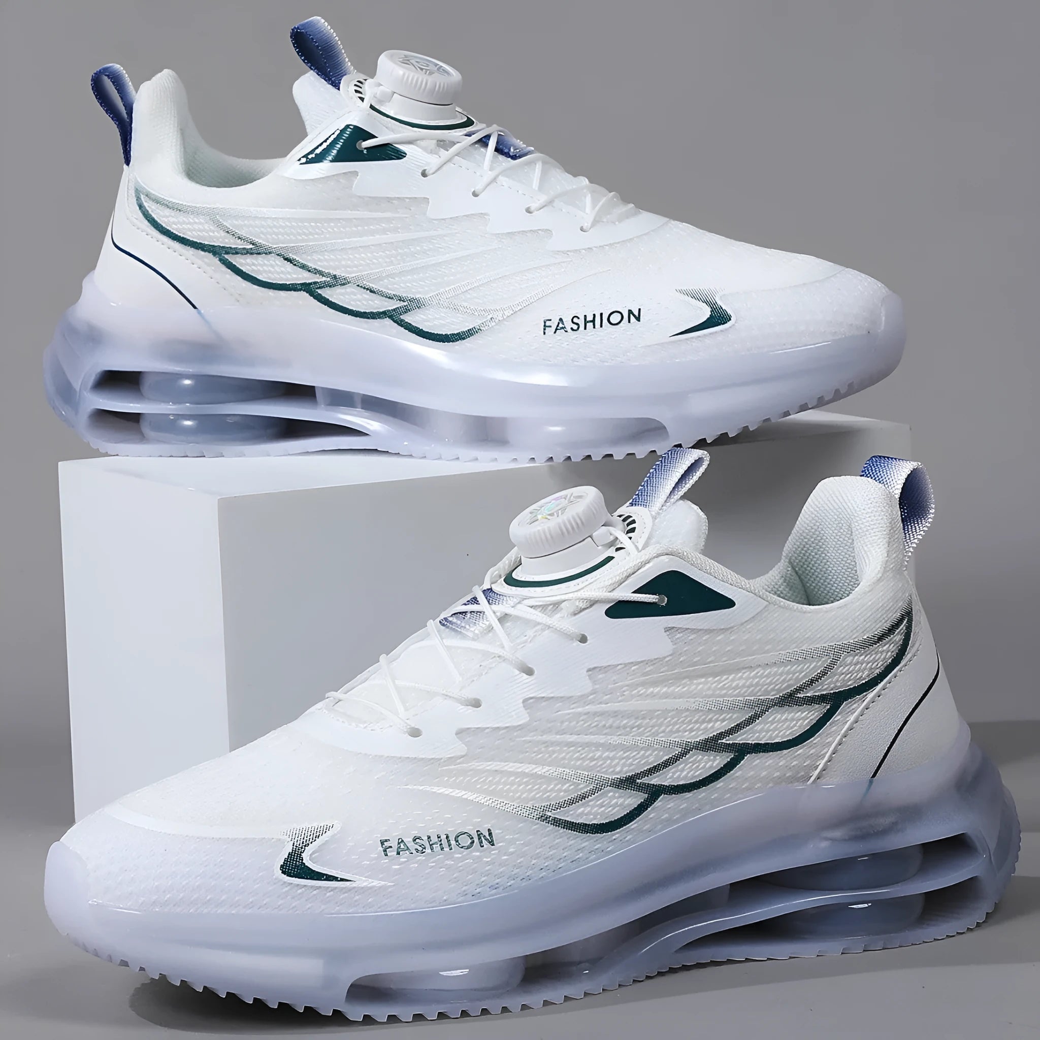 White Korean-style men's casual shoes with rotating button lacing and mesh upper.