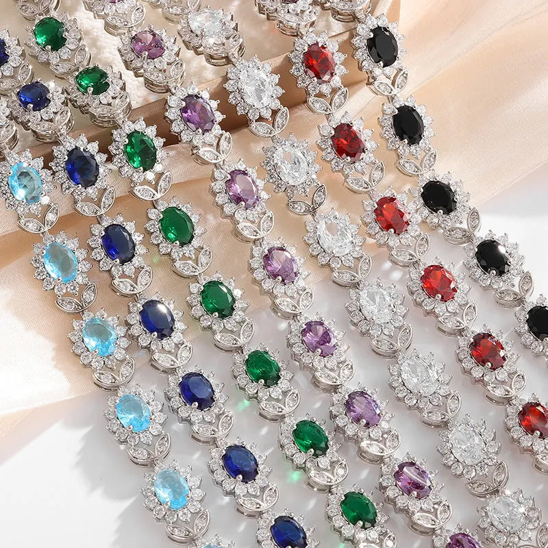 Personality Trend women's simple bracelet with inlaid zircon stones in one of nine gemstone colours on alloy band.