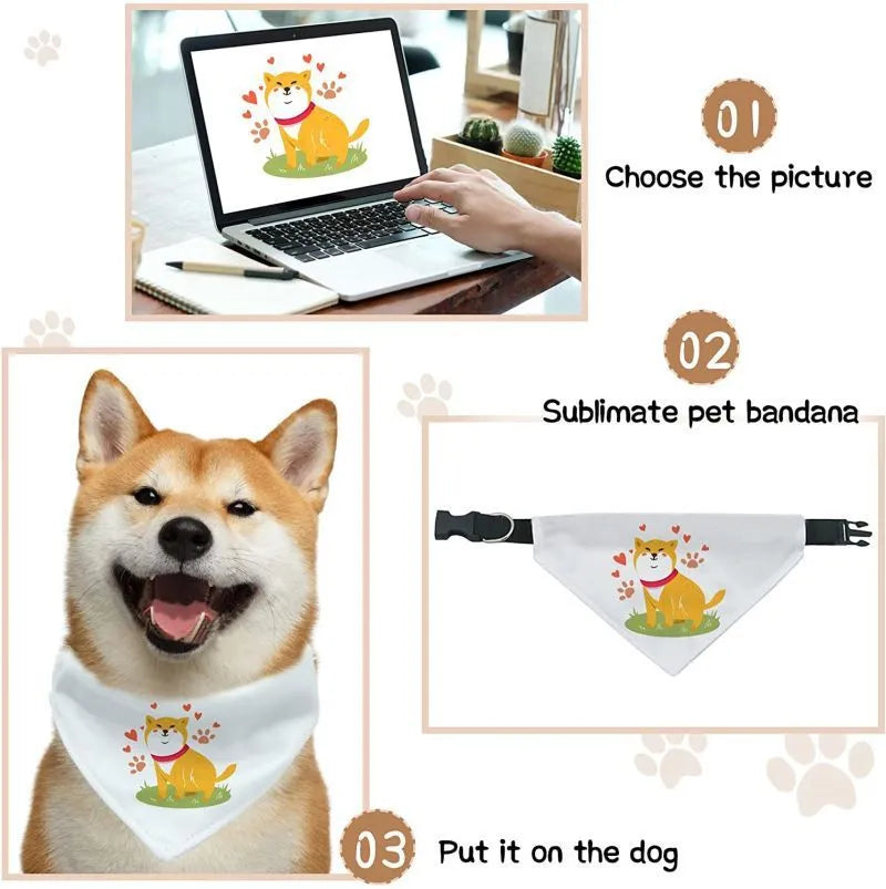 White blank polyester dog scarf for thermal transfer customisation, shown in four sizes.