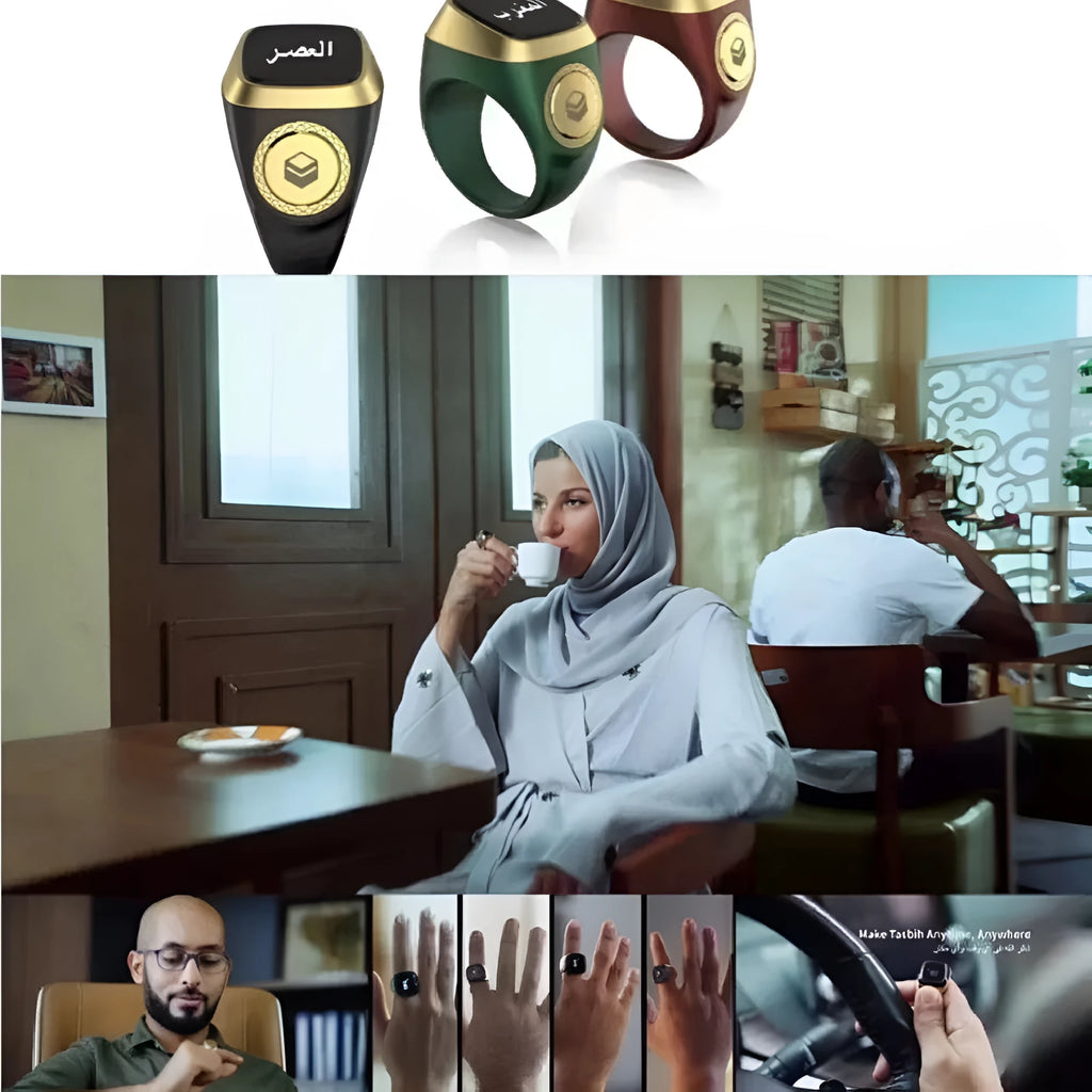 Zikr1 metal smart ring with OLED screen on a finger, showing tasbih count.