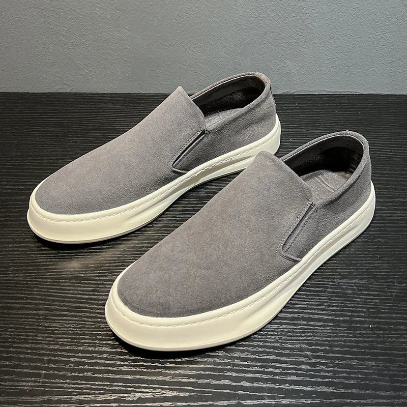 Men's grey and apricot casual shoes with round toe design and height increasing insoles
