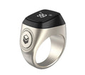 Zikr1 metal smart ring with OLED screen on a finger, showing tasbih count.