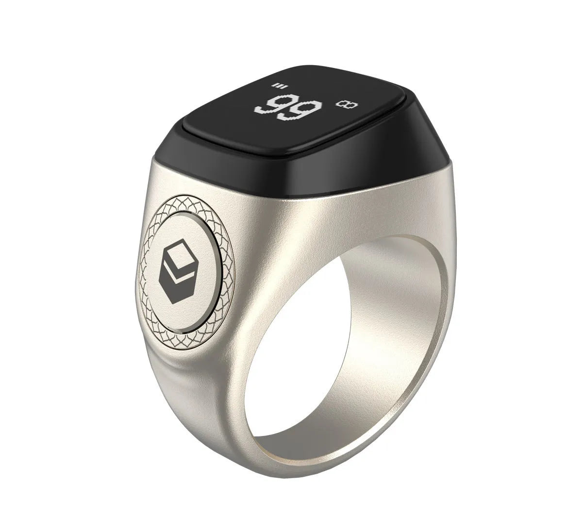 Zikr1 metal smart ring with OLED screen on a finger, showing tasbih count.