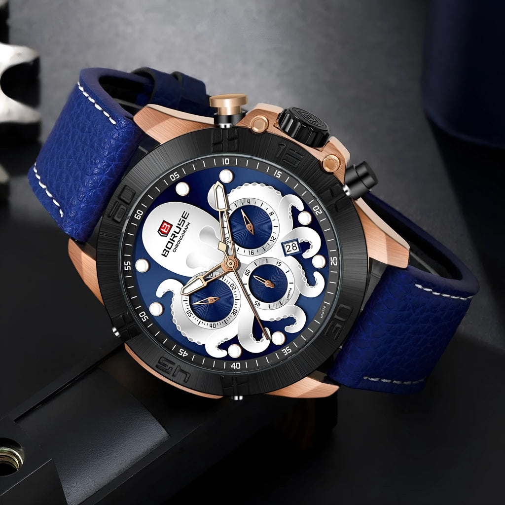 Men's octopus waterproof quartz watch with luminous display in black or blue colour options