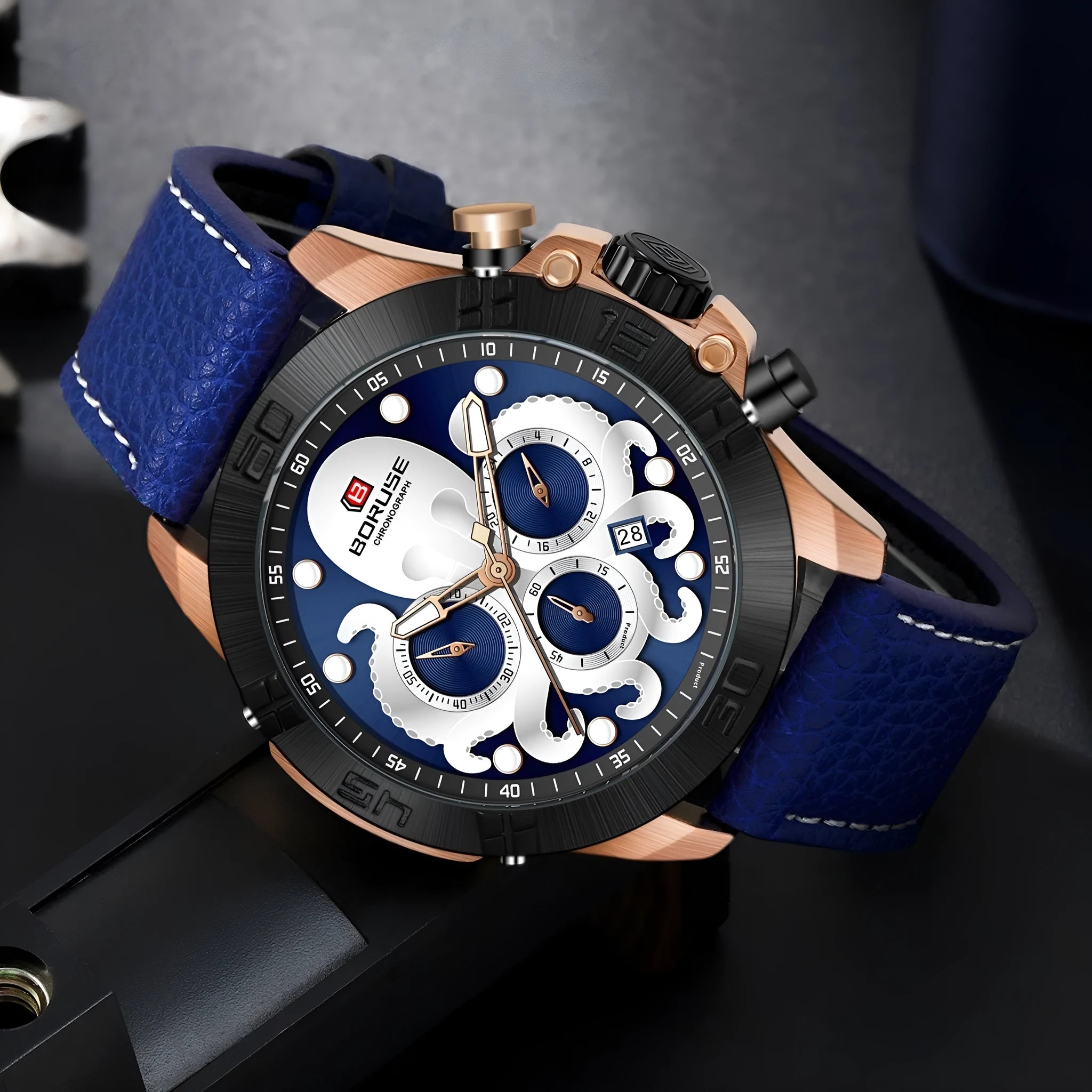Men's octopus waterproof quartz watch with luminous display in black or blue colour options