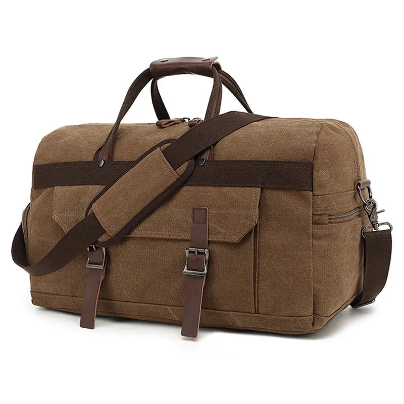 Large canvas crossbody travel bag in retro style with visible sewing lines