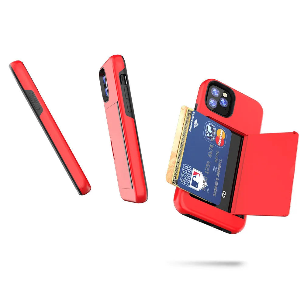 Solid colour iPhone case with hard back and flexible sides for iPhone 11, 11 Pro, and 11 Pro Max in black, blue, red, and purple.