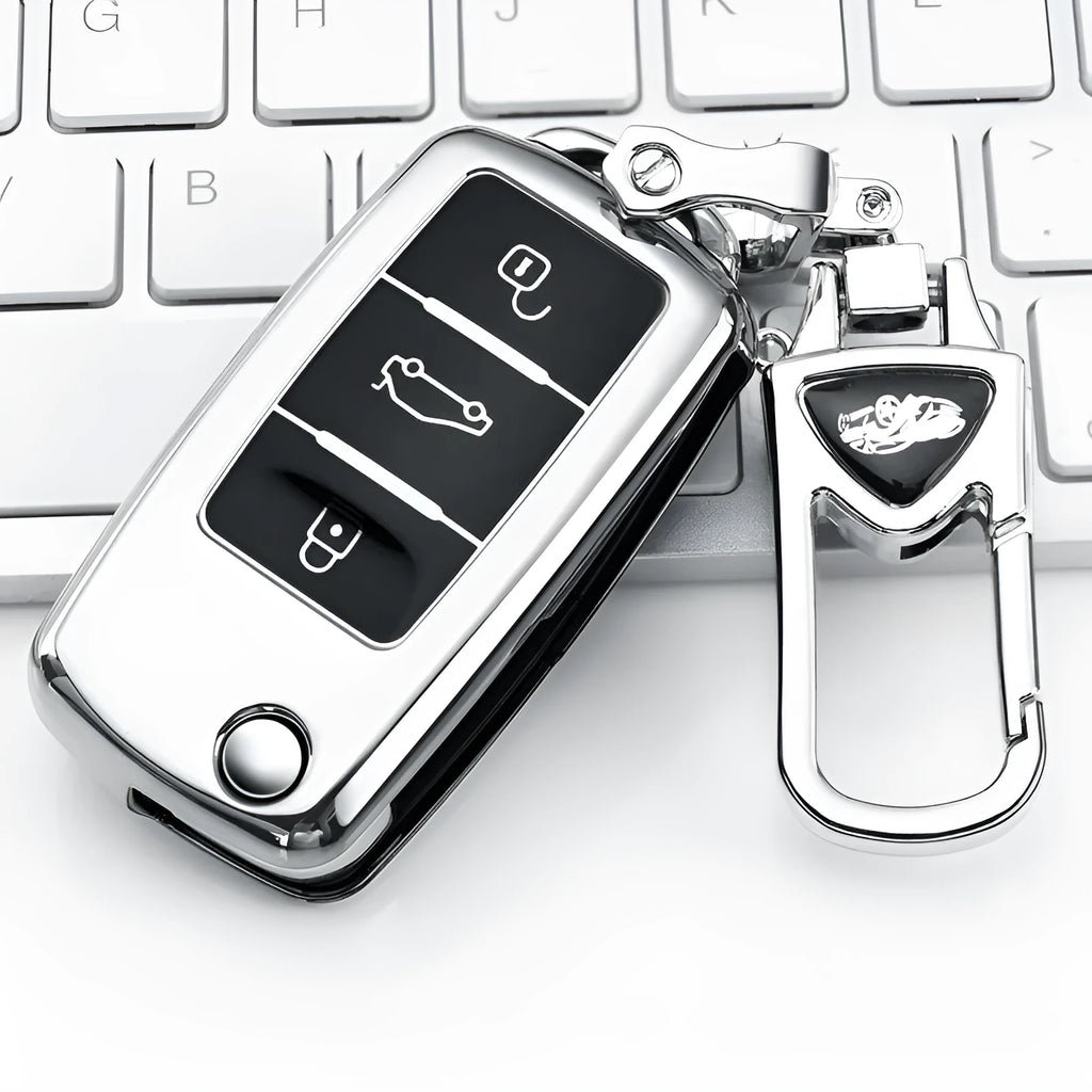 TPU single-shell protective cover for VW Model A folding car key, shown in silver, blue, pink, and red colour options.