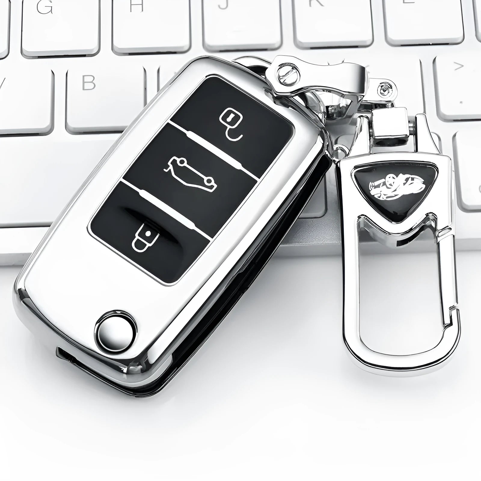 TPU single-shell protective cover for VW Model A folding car key, shown in silver, blue, pink, and red colour options.
