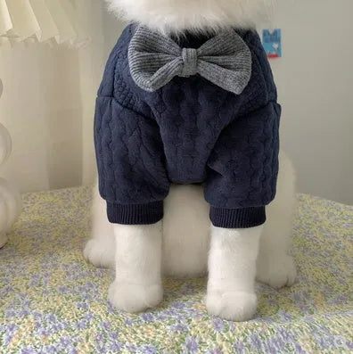 Navy blue casual pet sweater for dogs and cats, size XS to XL, shown on a pet providing warmth