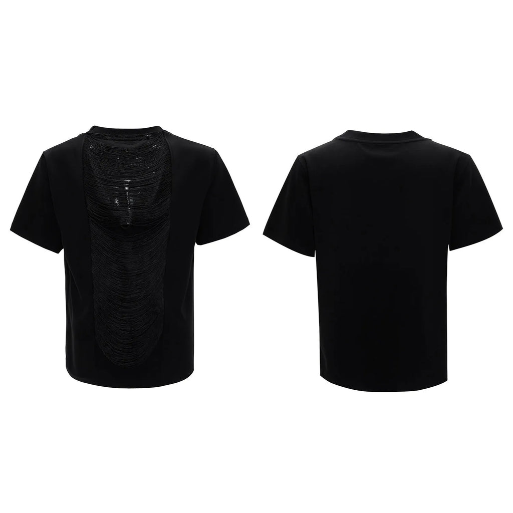 Men's drum black polyester t-shirt with V-neck design and loose fit styling