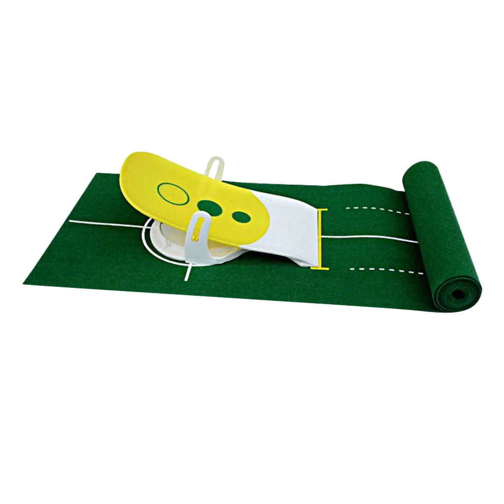 Precision putter exerciser on a green non-woven blanket with a 27cm simulator target for indoor golf practice