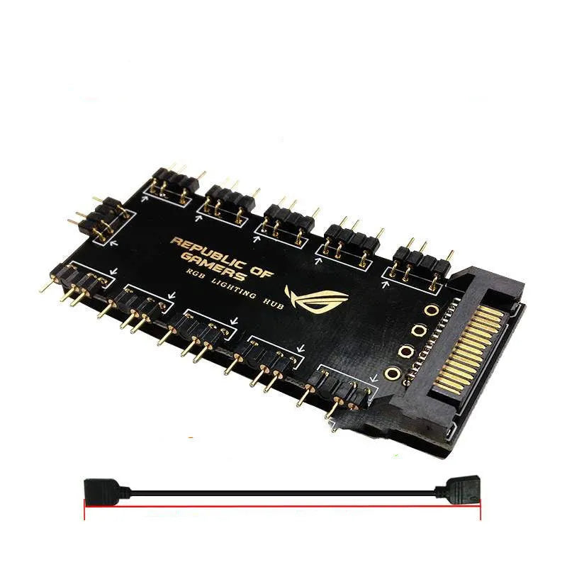 Black 5V ARGB hub with SATA power cable and ten RGB ports for PC lighting expansion