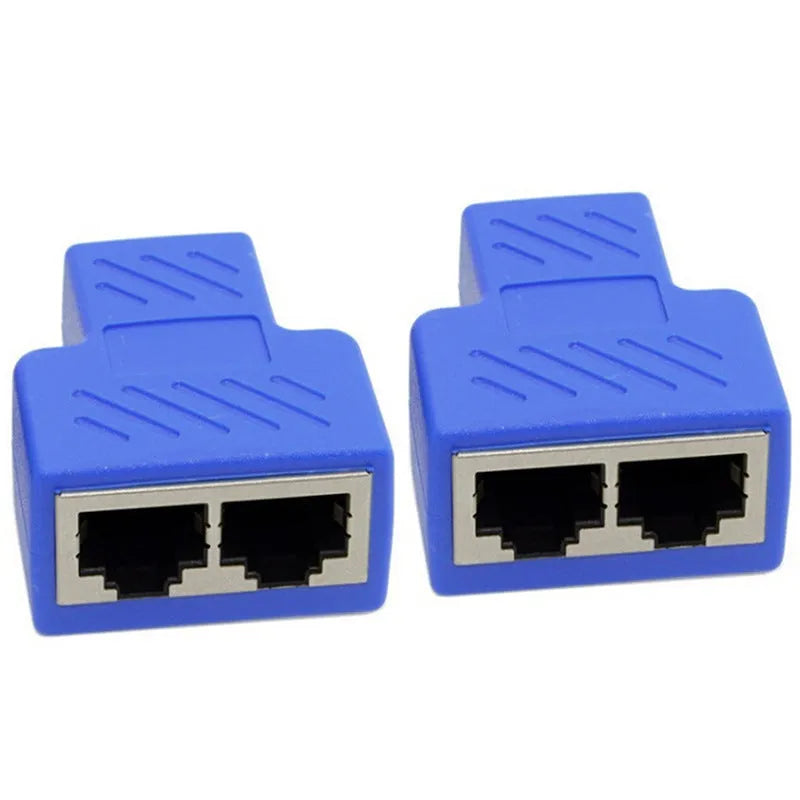 Two white RJ45 network cable splitter adapters showing one male and two female Ethernet ports.