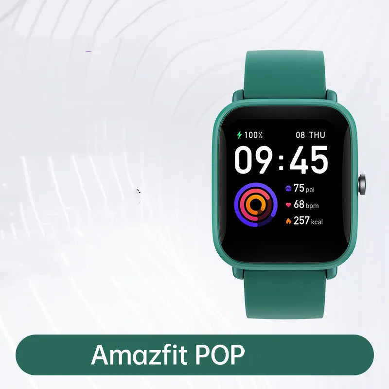 Amazfit Pop Pro smartwatch with colour screen and silicone strap, showing GPS and waterproof features