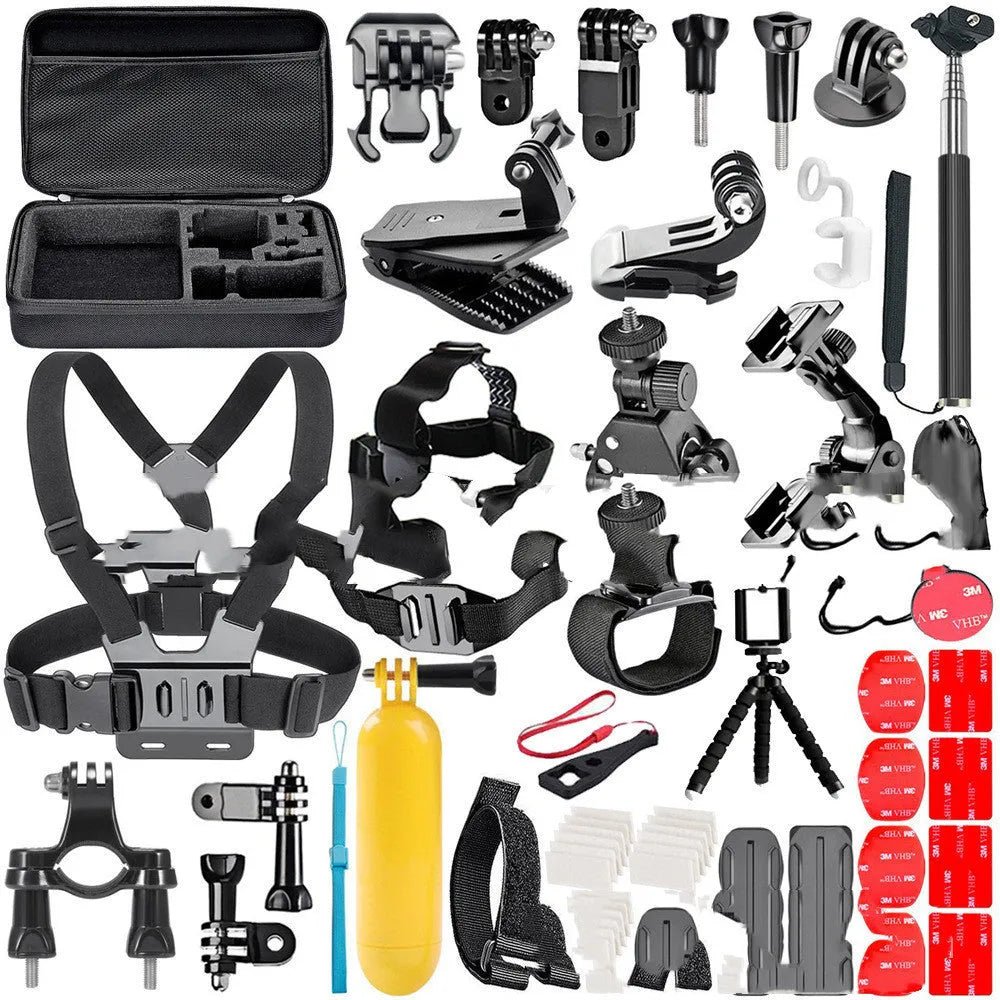 Black GoPro accessories set showing chest strap, helmet mount, and tripod stand for Hero 4, 3, 2 cameras.